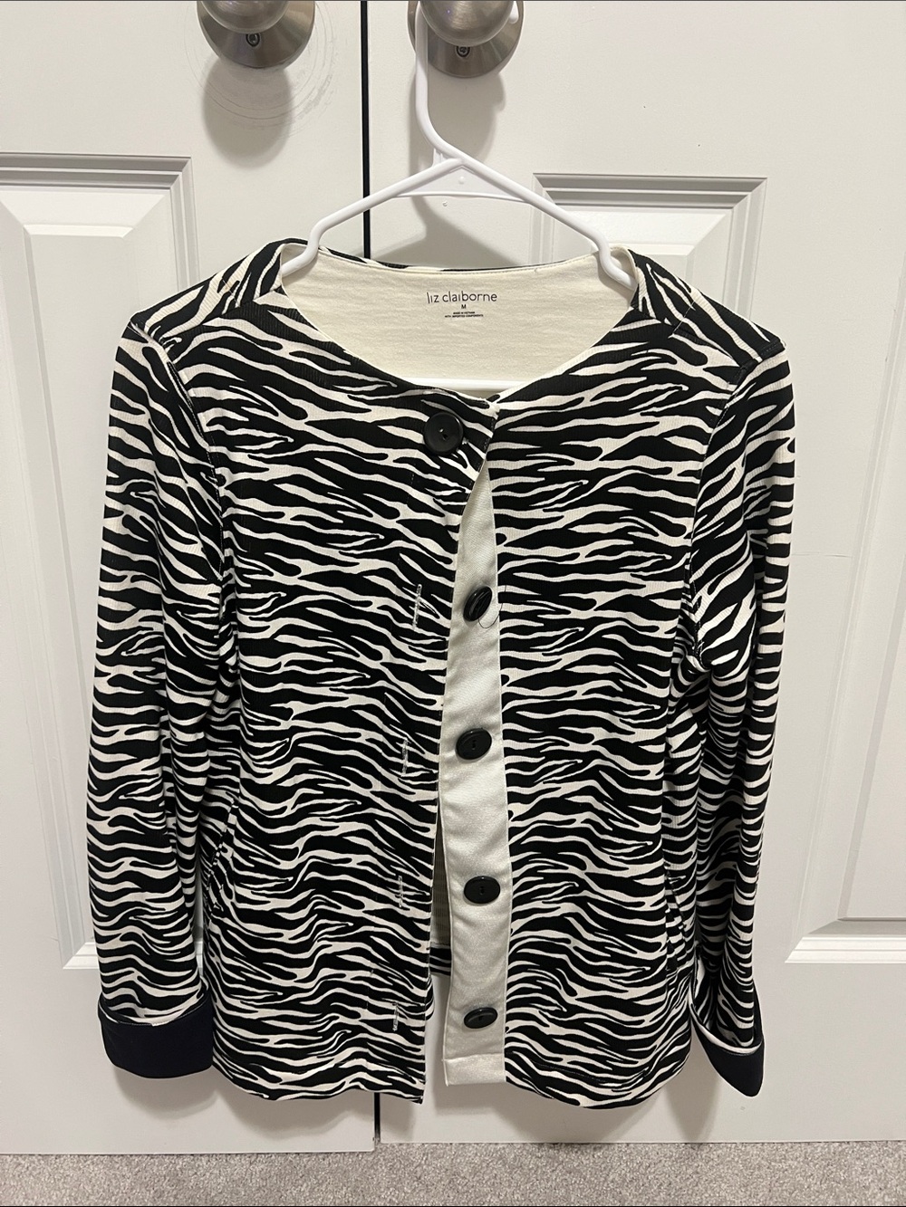 Liz Claiborne Black and White Zebra-Print Button Cardigan